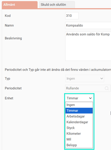 Bilden visar en listruta för att välja enhet på en aktuell ackumulator.