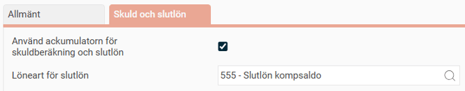 Bilden visar fältet du anger en löneart för slutlön på ackumulatorn.