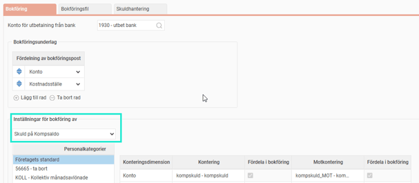 Bilden visar översikten för Bokföring och skuldhantering med "Skuld på kompsaldo" som är vald i listan under "Inställningar för bokföring av".