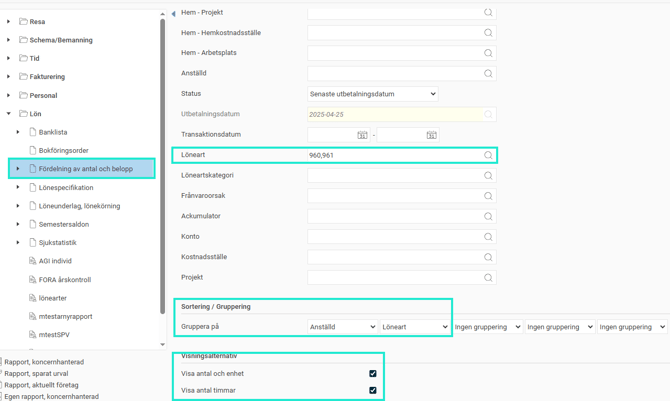 Urval i rapporten "Fördelning av antal och belopp" visas med urval i lönearts-fältet samt sortering gjord på anställd och löneart. det är också inställt att visa antal och enheter samt visa antal timmar.