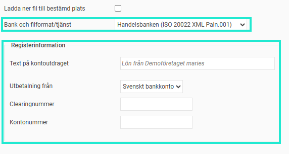Bilden visar Handelsbankens inställningsfält för filformat och registerinformation.