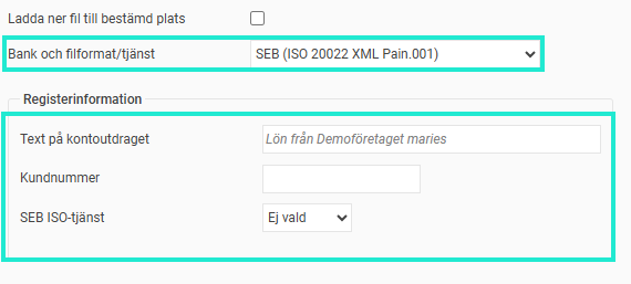Bilden visar SEBs inställningsfält för filformat samt registerinformation.