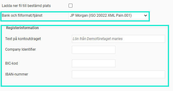 Bilden visar JP Morgans inställningsfält för filformat samt registerinformation.