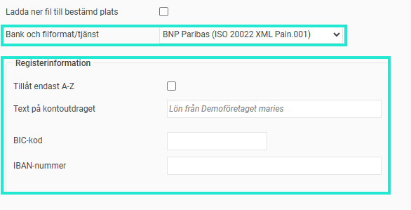 Bilden visar BNP Paribas inställningsfält för filformat samt registerinformation.
