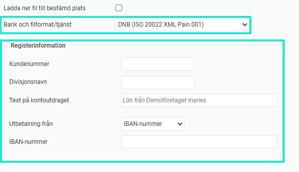 Bilden visar DNBs inställningsfält för filformat samt registerinformation.