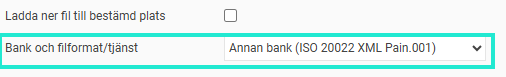 Bilden visar att "Annan bank" är valt i inställningsfältet för bank och filformat.