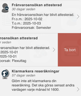 Notiser i HRM Mobile. En notis har "Ta bort" med röd bakgrund.