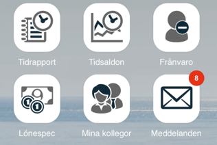 Ikoner i HRM Mobile. Meddelanden har siffran 8.