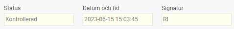 Bilden visar fälten Status, Datum och tid samt Signatur.