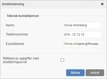 Bilden visar dialogruta för direktinlämning där man fyller i uppgifterna för teknisk kontaktperson.
