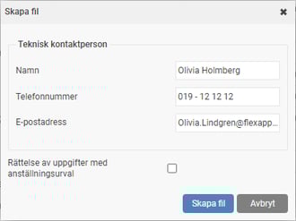 Bilden visar ruta med information om teknisk kontaktperson.