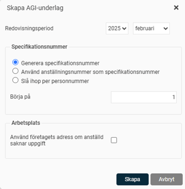 Bilden visar dialogruta där man skapar nytt underlag för arebtsgivardeklaration på individnivå.
