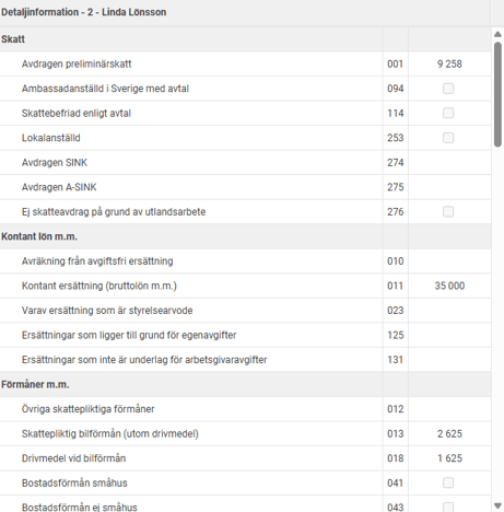 Bilden visar detaljvisningen för fälten i arbetsgivardeklarationen.
