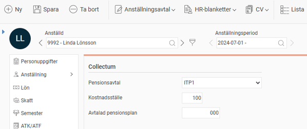 Bild visar inställningar för Collectum i anställdaregistret.