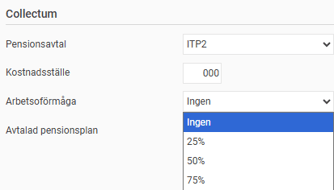 Bild visar valmöjligheterna att ställa in en anställds arbetsoförmåga i en listmeny med olika procentval.