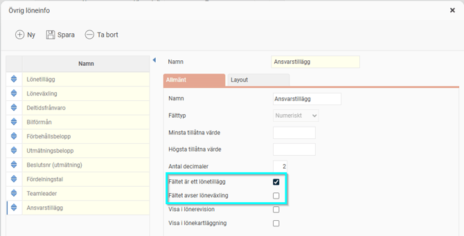 Bild visar de kryssrutor man kan markera för att ställa in det egna fältet som lönetillägg eller löneväxling.