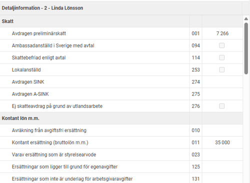 Bilden visar detaljinformation i arbetsgivardeklarationen på individnivå för en anställd.