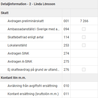 Bilden visar detaljinformationen för en anställd i arbetsgivardeklarationen.
