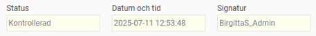 Bilden visar information om status, datum och tid samt signatur.