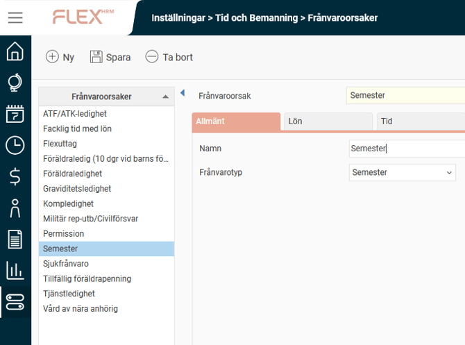Bilden visar inställningen för Frånvaroorsaker, fliken Allmänt.