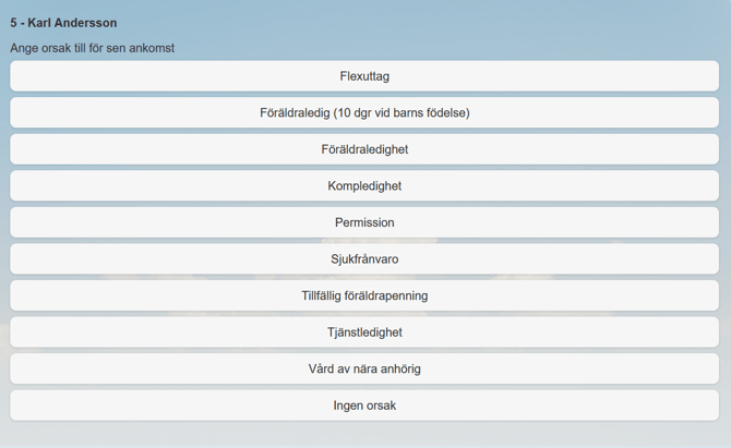 Stämplingsterminalen visar en lista över frånvaroorsaker.