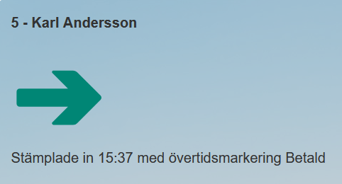 Stämplingsterminalen visar att anställd 5 har stämplats in kl 15:37 med övertidsmarkering Betald.