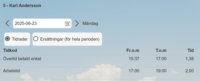 Stämplingsterminalen visar tidrader för anställd 5 2025-06-23.