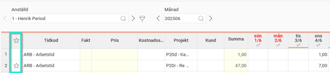 En tidrapport med en kolumn med en stjärnikon.
