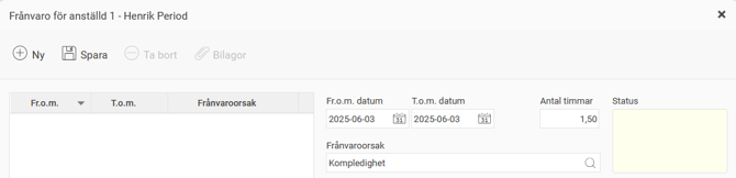 Frånvarhanteraren visar en frånvaro 2025-06-03. 1,5 timmar. Frånvaroorsak Kompledighet.