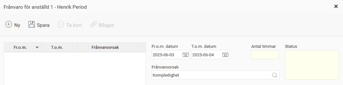 Frånvarohanteraren. En frånvaropost 2025-06-03 - 2025-06-04. Fältet för Antal timmar är skrivskyddat.