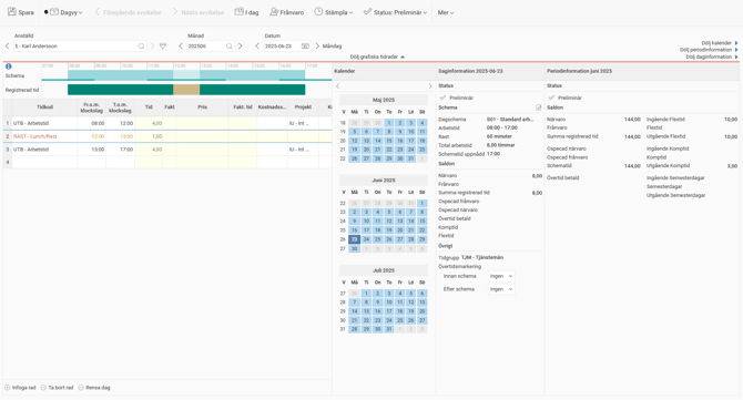 Bild på tidrapport där kalender, daginformation och periodinformation visas.