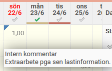 Bilden visar att man rapporterat 1 timmes tid och bifogat en kommentar.