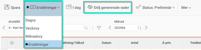 Bilden visar en markering vid Ersättningar och ikonen för att dölja genererade rader.