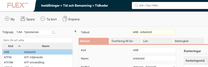 Bilden visar att varje tidgrupp har sin egen uppsättning av tidkoder.