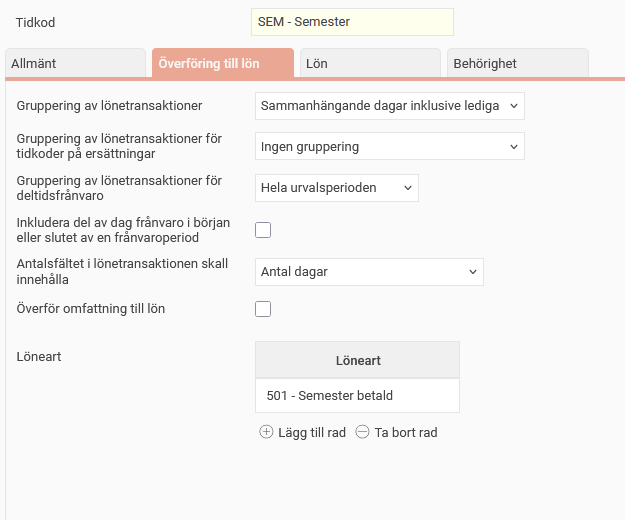 Bilden visar inställningsvyn för tidkoder, fliken Överföring till lön.
