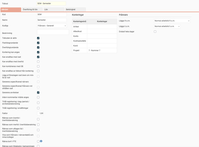 Bilden visar inställningsvyn för tidkoder, fliken Allmänt.