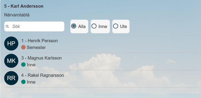 Stämplingsterminalen visar Närvarotablå med anställd 1 status Semester, anställd 3 status Inne, anställd 4 status Inne.