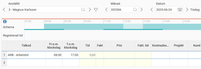 Tidrapporten för en dag. Tidkoden ARB och klockslagen 08:00 och 17:00 har angetts.