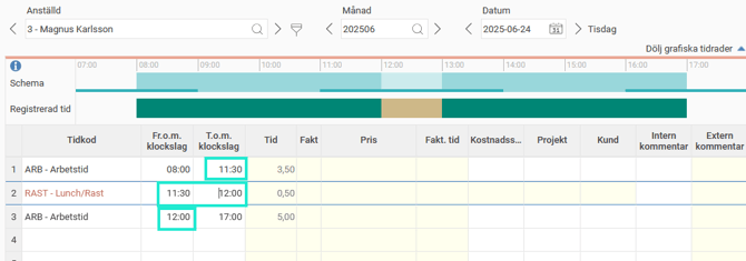 Tidrapporten för en dag. Tre tidrader, ARB 08:00-11:30, RAST 11:30-12:00, ARB 12:00-17:00. Alla klockslag har svart färg.
