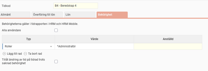 Bilden visar inställningsvyn för tidkoder, fliken Behörighet.