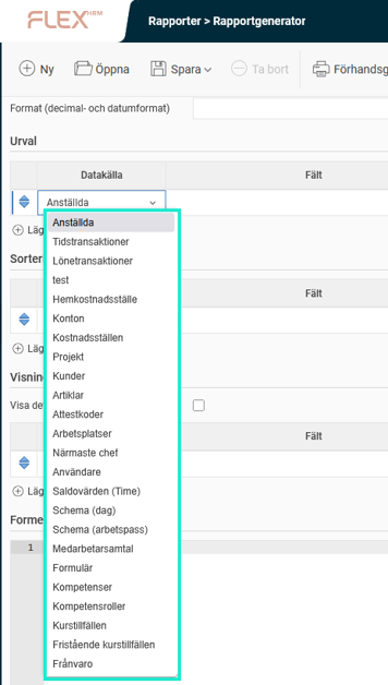 Bilden visar de val man kan göra för datakälla.