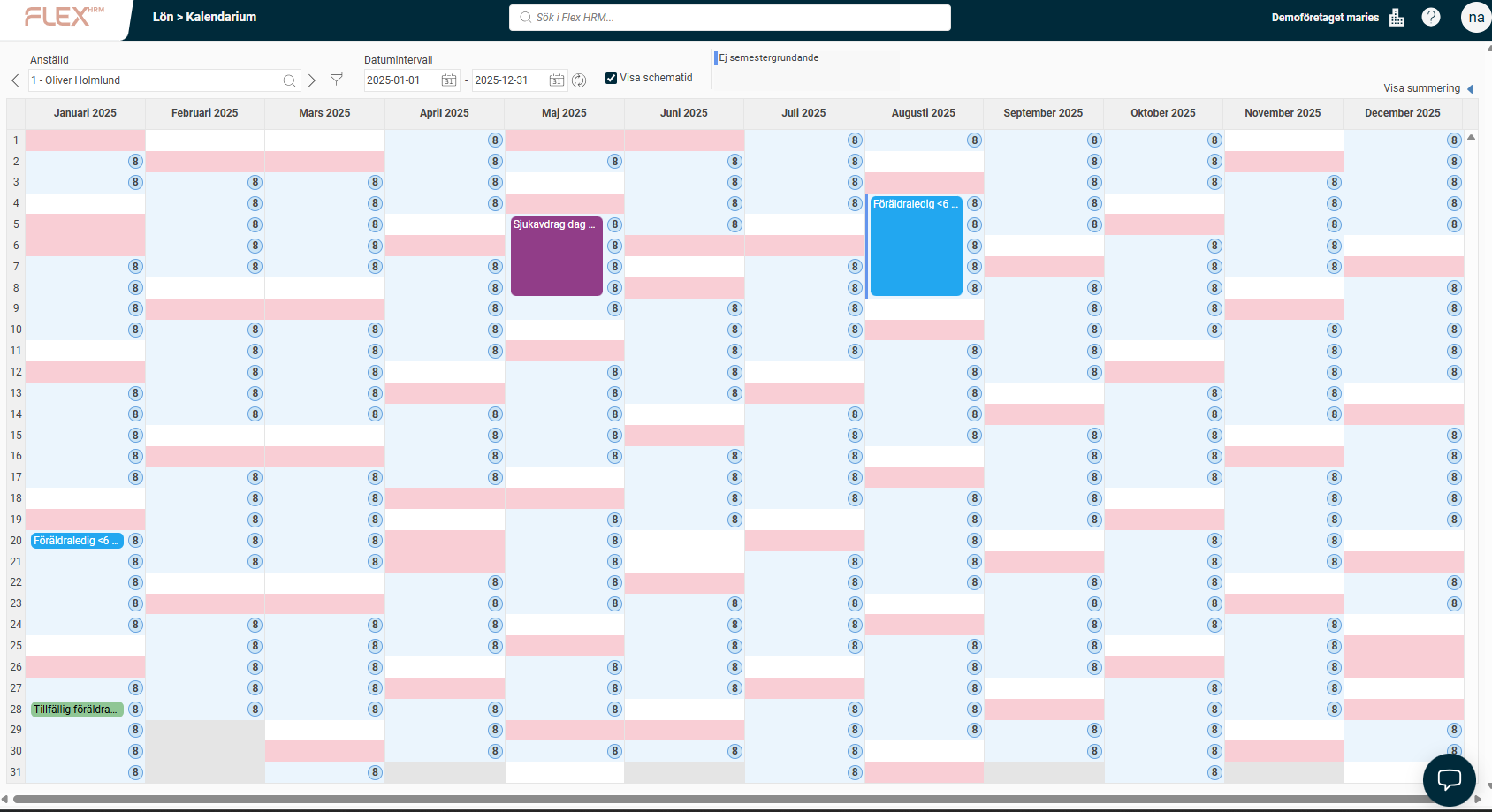 Bilden visar översikten för Kalendarium med kolumner för varje månad.