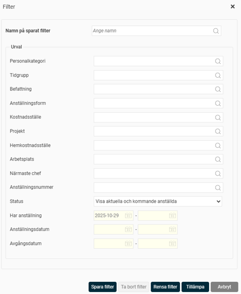 Bilden visar urvalsmöjligheterna för filterfunktionen; olika fält för urval.
