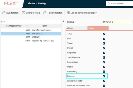 Bilden visar en ifylld bockruta för inställningen för aktivera licensen Koncern på företaget.