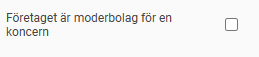 Bilden visar kryssrutan för inställningen "Företaget är moderbolag för en koncern".