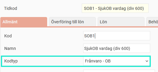 Tidkodsregistret. Tidkod SOB1 har kodtyp Frånvaro - OB.