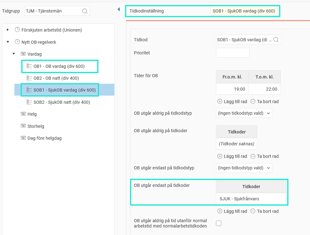 OB-regelverk, tidkod SOB1. Inställd på att falla ut 19-22, endast på tidkod SJUK.