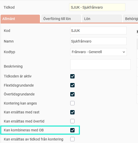 Tidkodsregistret. Tidkod SJUK. "Kan kombineras med OB" är ibockat.