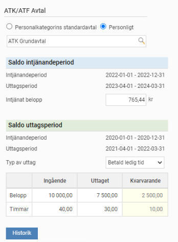 Bilden visar intjänat belopp för aktuell intjänandeperiod, samt intjänat, uttaget och kvarvarande saldo för både belopp och timmar under uttagsperioden då den anställde valt att ta ut som betald ledig tid.