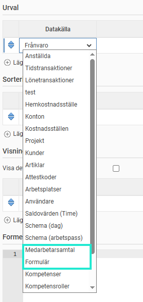 Bilden visar urval på datakällor i rapportgeneratorn där datakälla Medarbetarsamtal och Formulär är markerade.